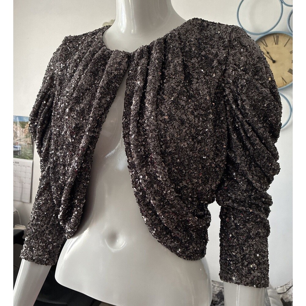 Sequin Evening Jacket Bolero Shrug Sparkly Silver Gunmetal Long Sleeve Formal